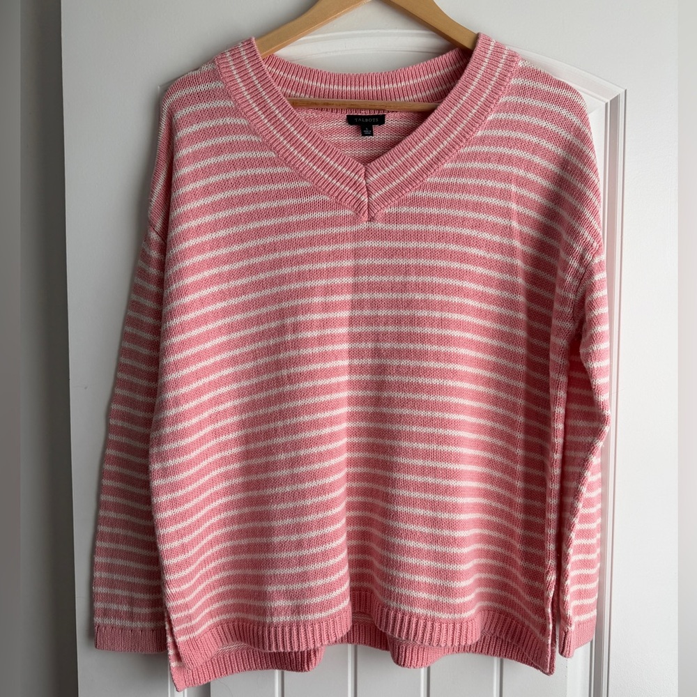 Talbots Linen Blend Boxy Striped Sweater in Pink and White